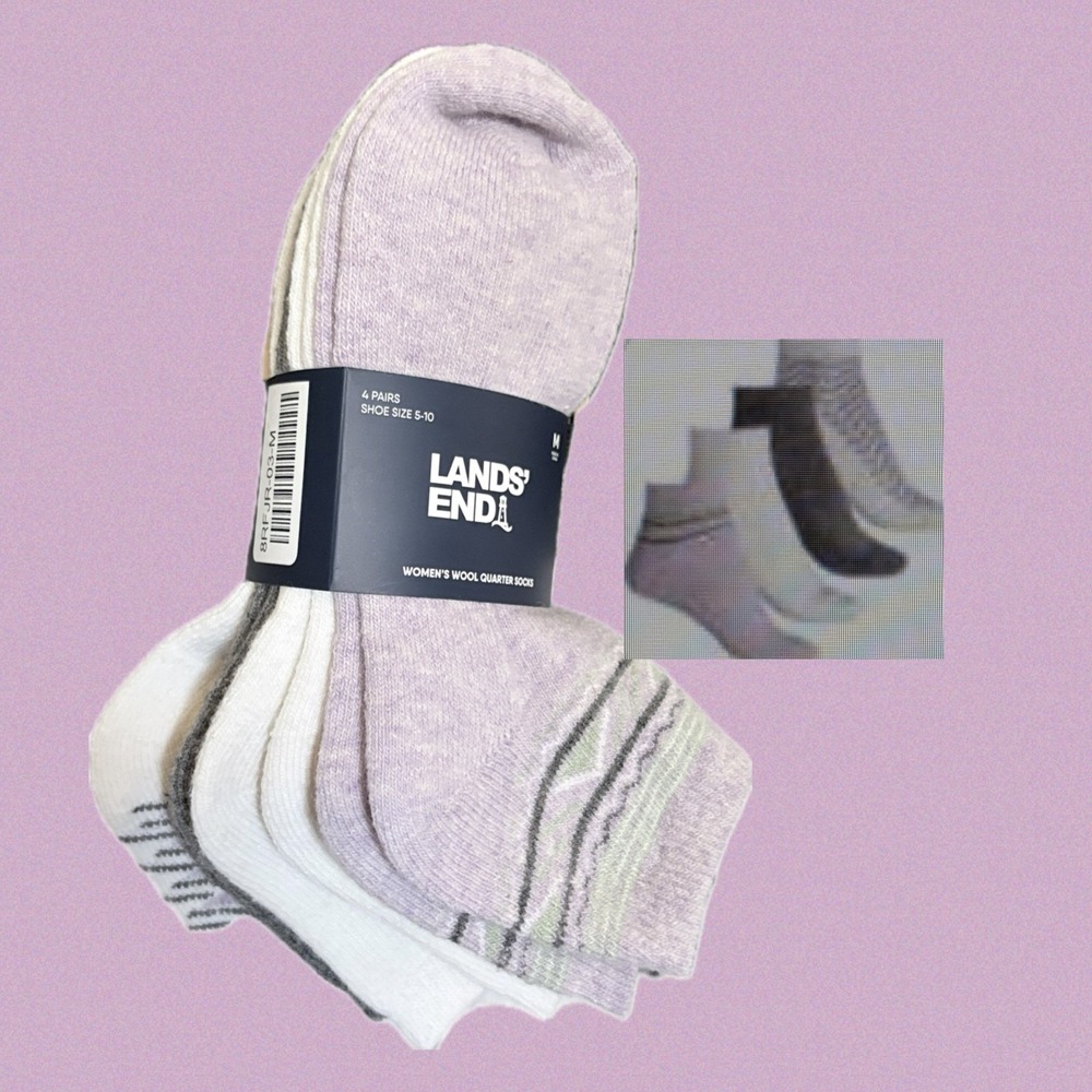Lands' End Women's Wool Blend Quarter Socks 4 Pairs Purple Gray Shoe Size M 5-10